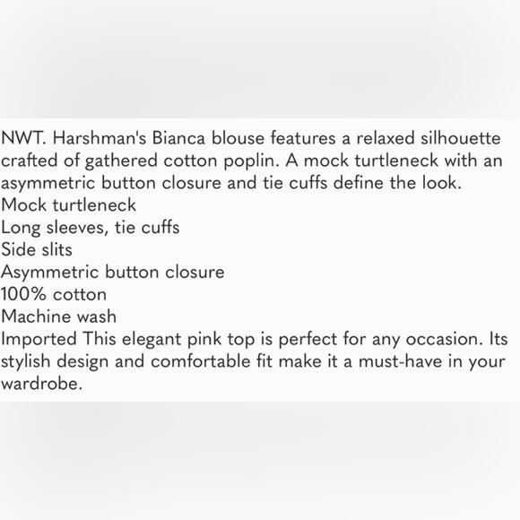 Harshman Bianca Blouse in Orchid 100%‎ Cotton NWT - Picture 5 of 10